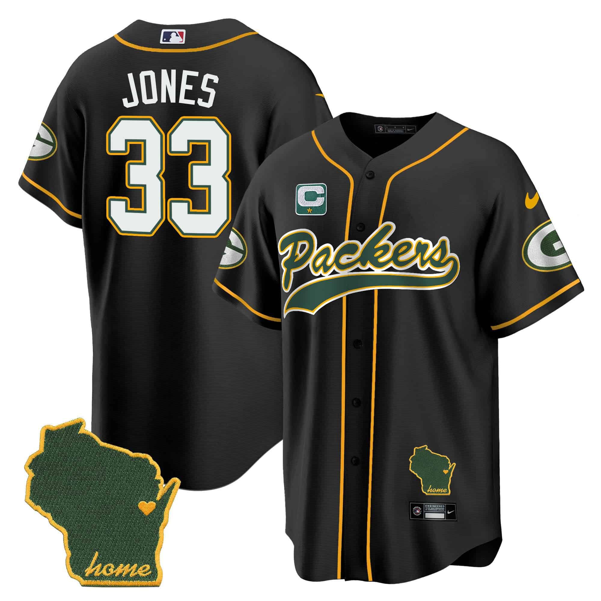 Men Green Bay Packers #33 Jones Black 2024 Nike Home Patch Baseball NFL Jersey